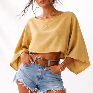 NWT Organic Cotton Mustard Yellow Cropped Boho Top – Off-Shoulder or Boat Neck
